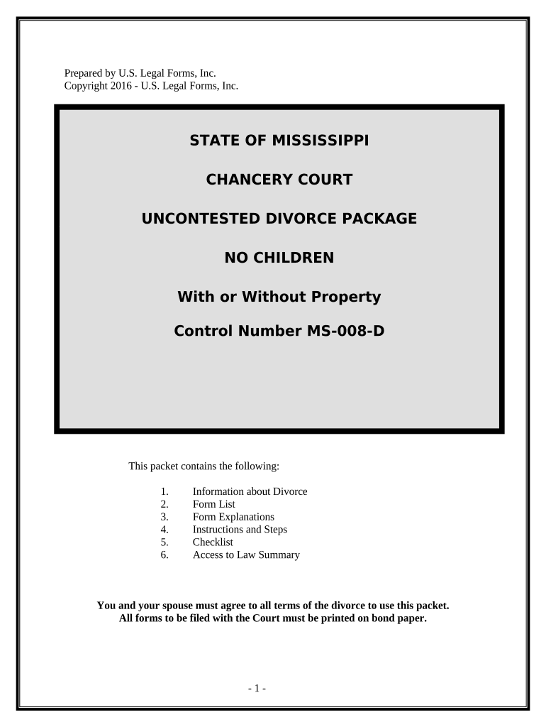 No Fault Agreed Uncontested Divorce Package for Dissolution of Marriage for Persons with No Children with or Without Property an  Form