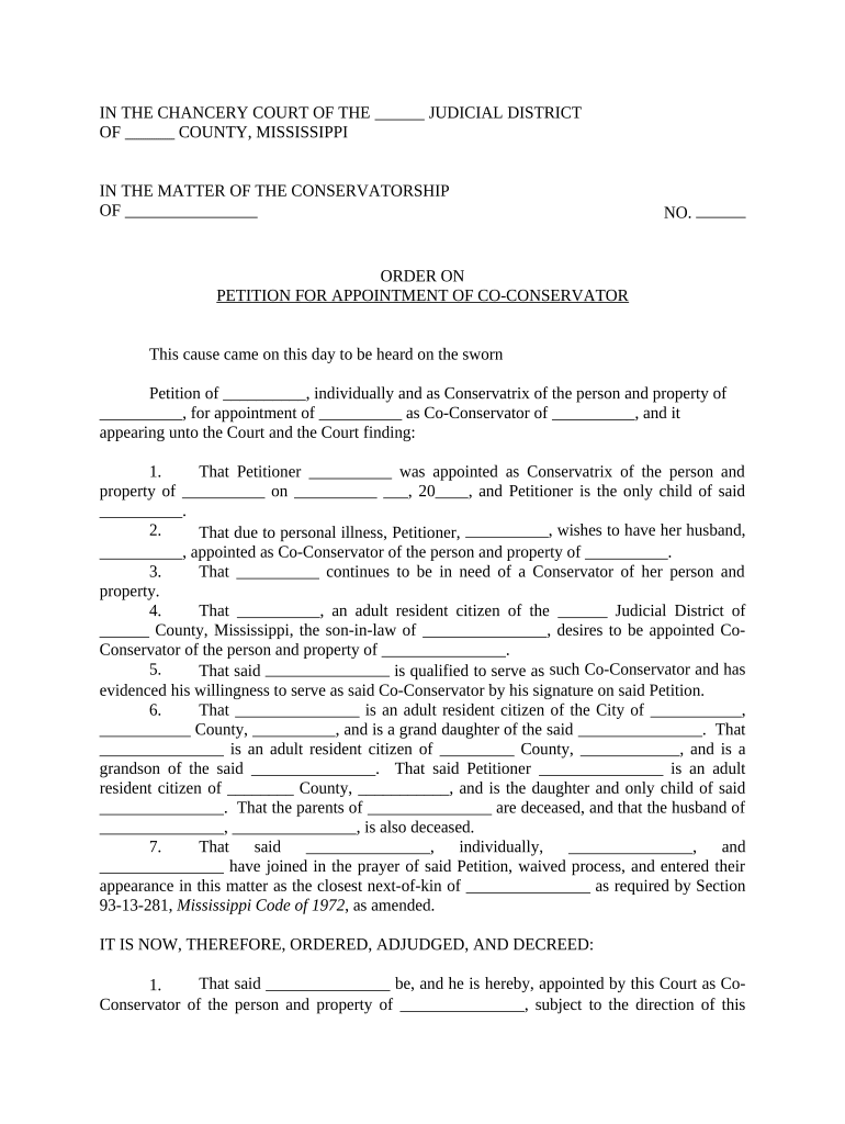 Order on Petition for Appointment of Co Conservator Mississippi  Form