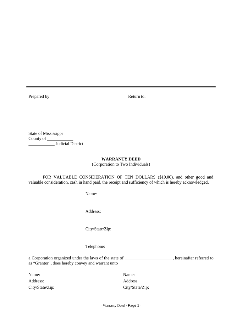 Warranty Deed from Corporation to Two Individuals Mississippi  Form