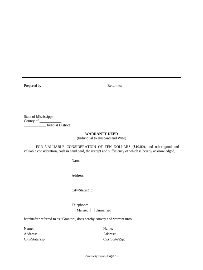 Warranty Deed from Husband to Himself and Wife Mississippi  Form