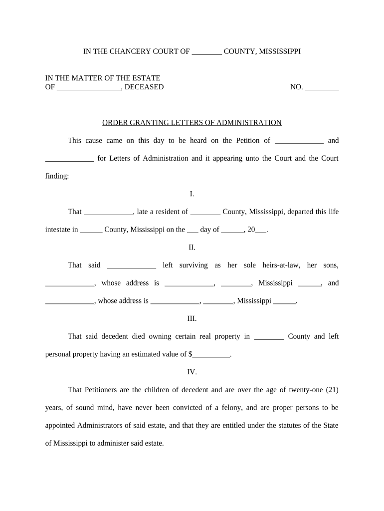 Order Granting Letters of Administration Mississippi  Form