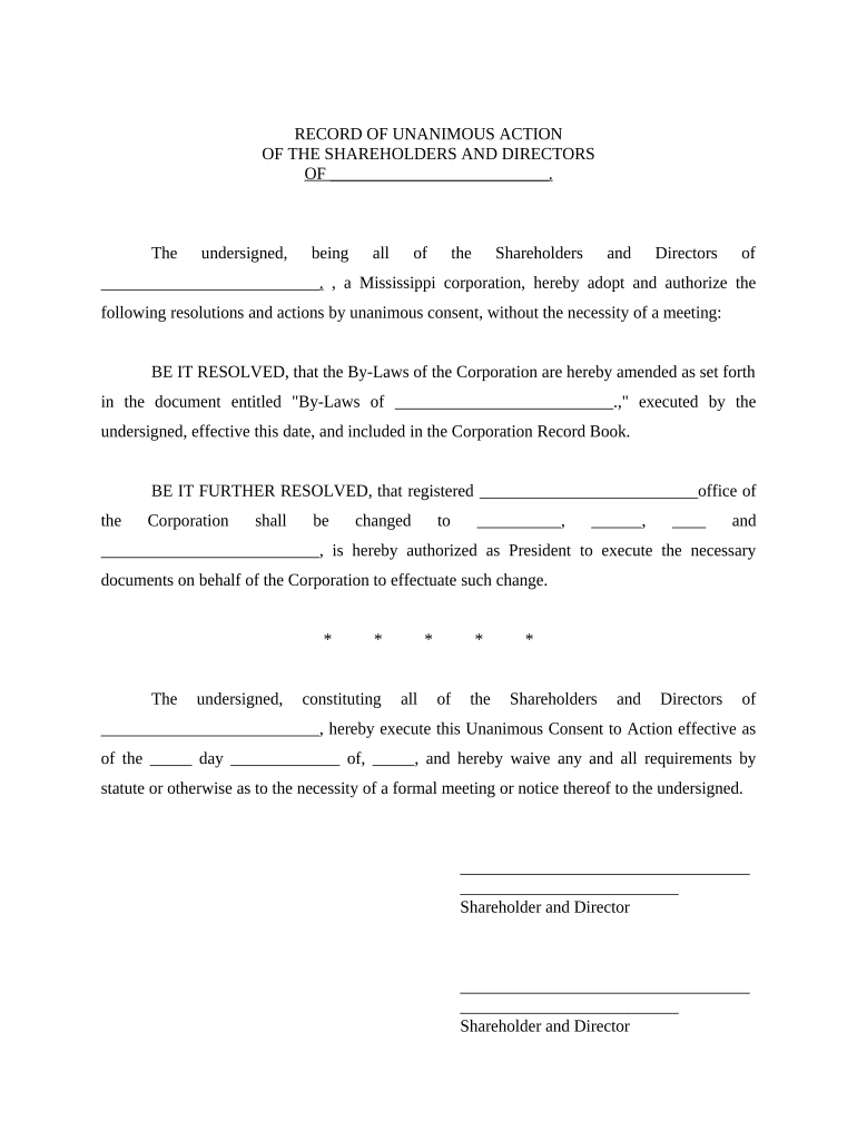 Record of Unanimous Action of the Shareholders and Directors Mississippi  Form