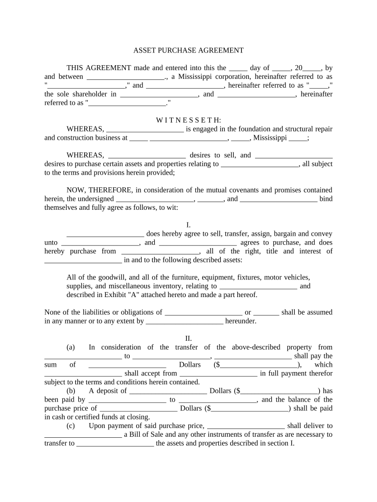 Asset Purchase Agreement Mississippi  Form