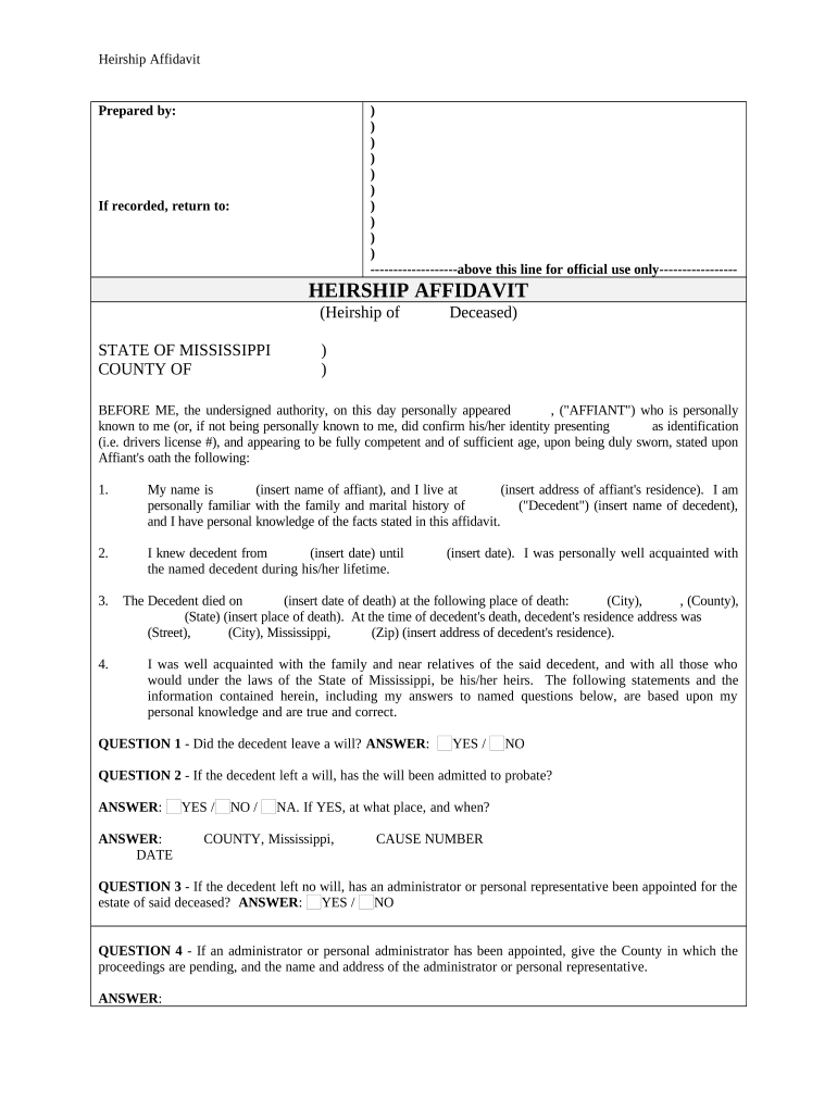 Heirship Affidavit Descent Mississippi  Form