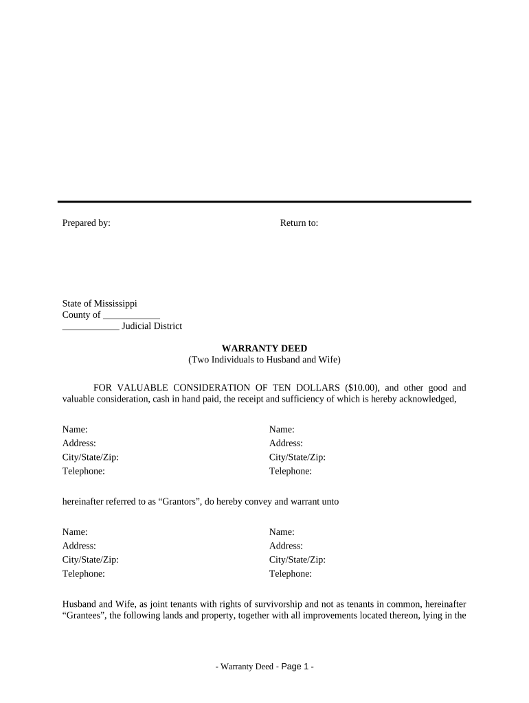 Warranty Deed from Two Individuals to Husband and Wife Mississippi  Form