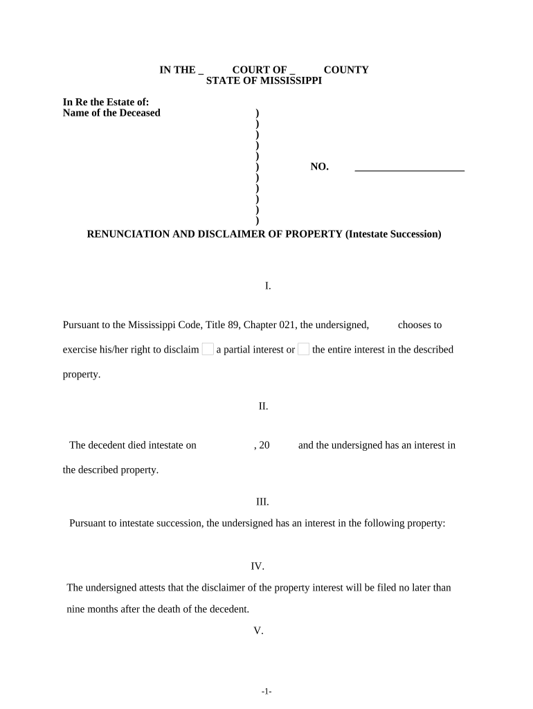 Mississippi Renunciation and Disclaimer of Property Received by Intestate Succession Mississippi  Form