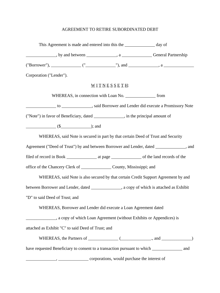 Agreement Subordinated Debt Sample  Form