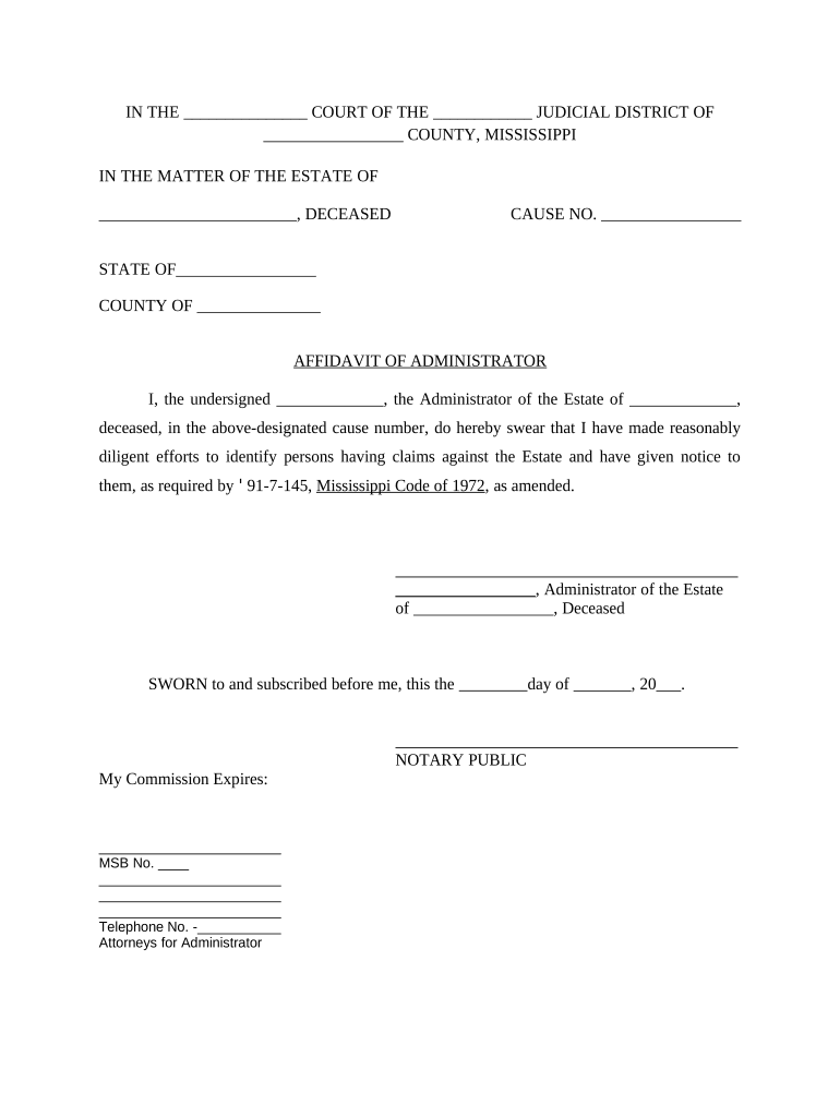Affidavit of Administrator Regarding Attempts to Find Creditors Mississippi  Form