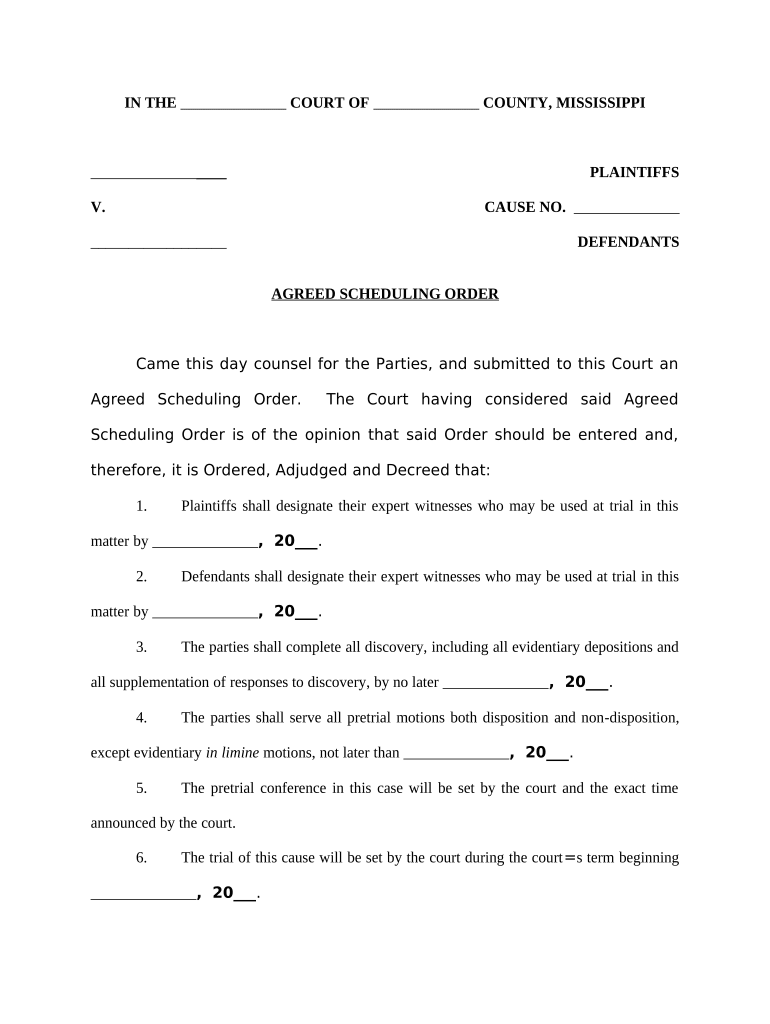 Scheduling Order Agreement  Form