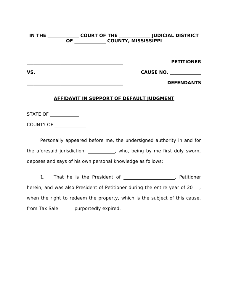 Affidavit in Support of Default Regarding Tax Sale Mississippi  Form