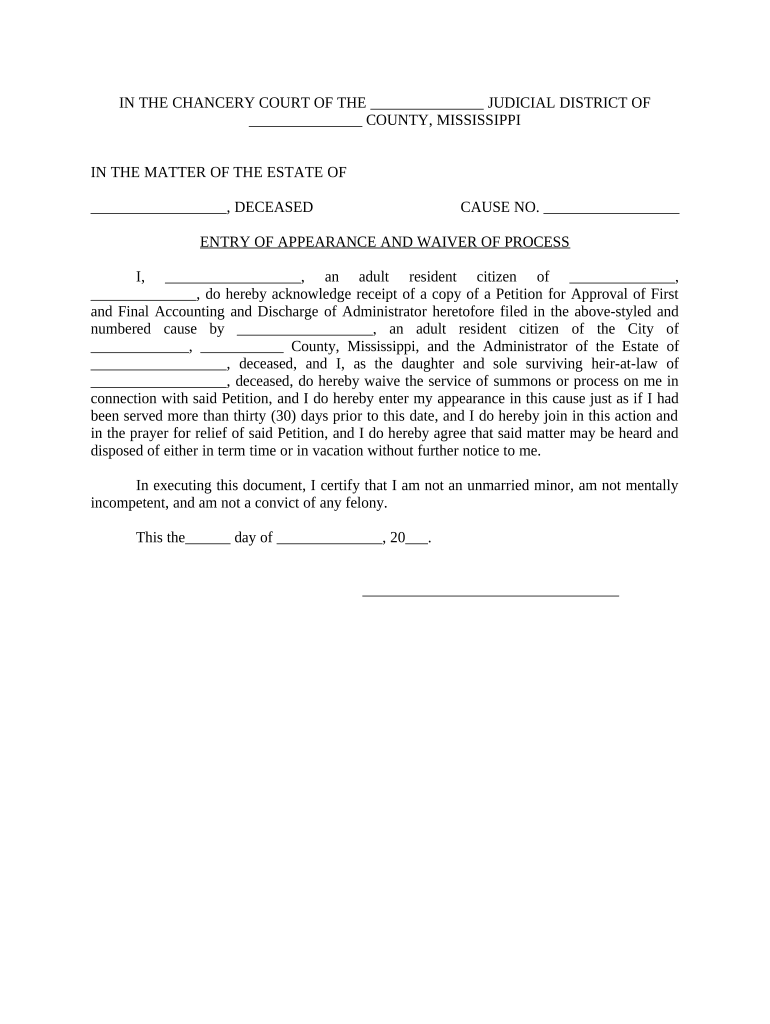 Entry Appearance Waiver Process Re Estate Mississippi  Form