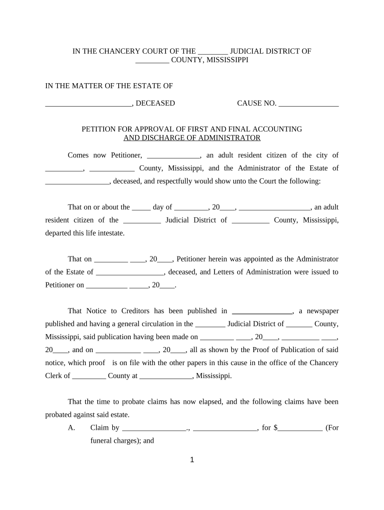 Petition for Approval of Final Accounting and Discharge of Administrators Mississippi  Form