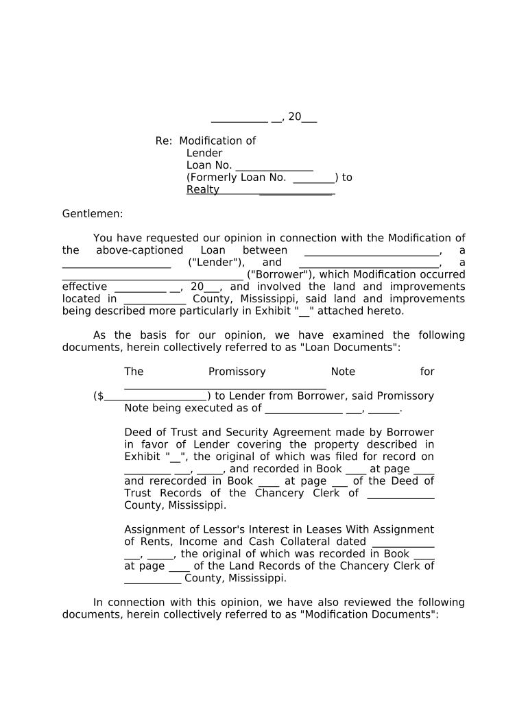 Sample Legal Opinion Re Loan Modification Mississippi  Form