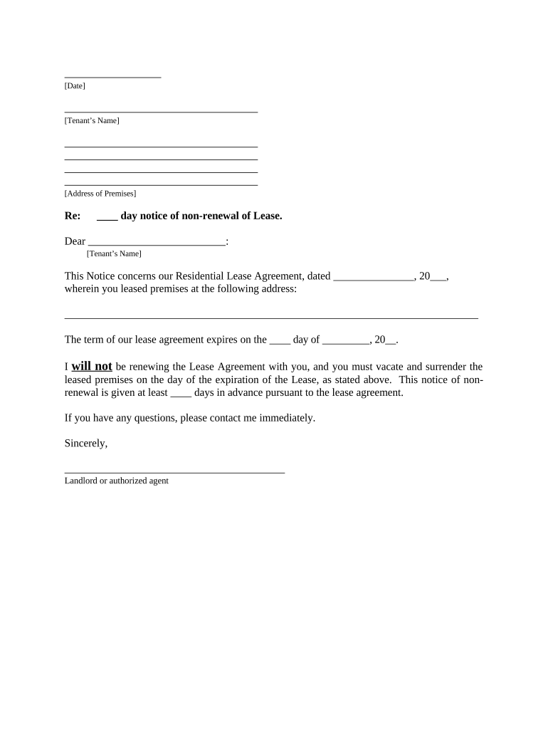 Letter from Landlord to Tenant with 30 Day Notice of Expiration of Lease and Nonrenewal by Landlord Vacate by Expiration Mississ  Form