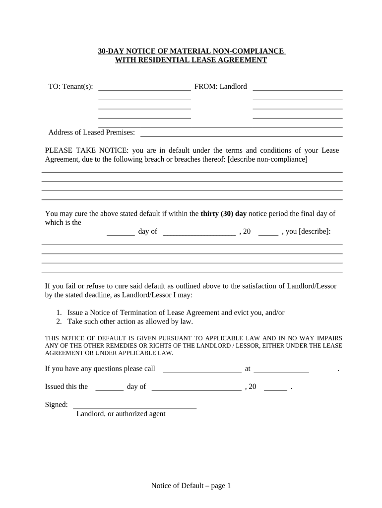 30 Day Notice of Material Noncompliance with Lease or Rental Agreement Residential Mississippi  Form