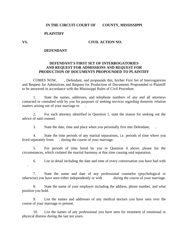 Defendant's First Set of Interrogatories and Request for Admissions and Request for Production of Documents to Plaintiff Mississ  Form