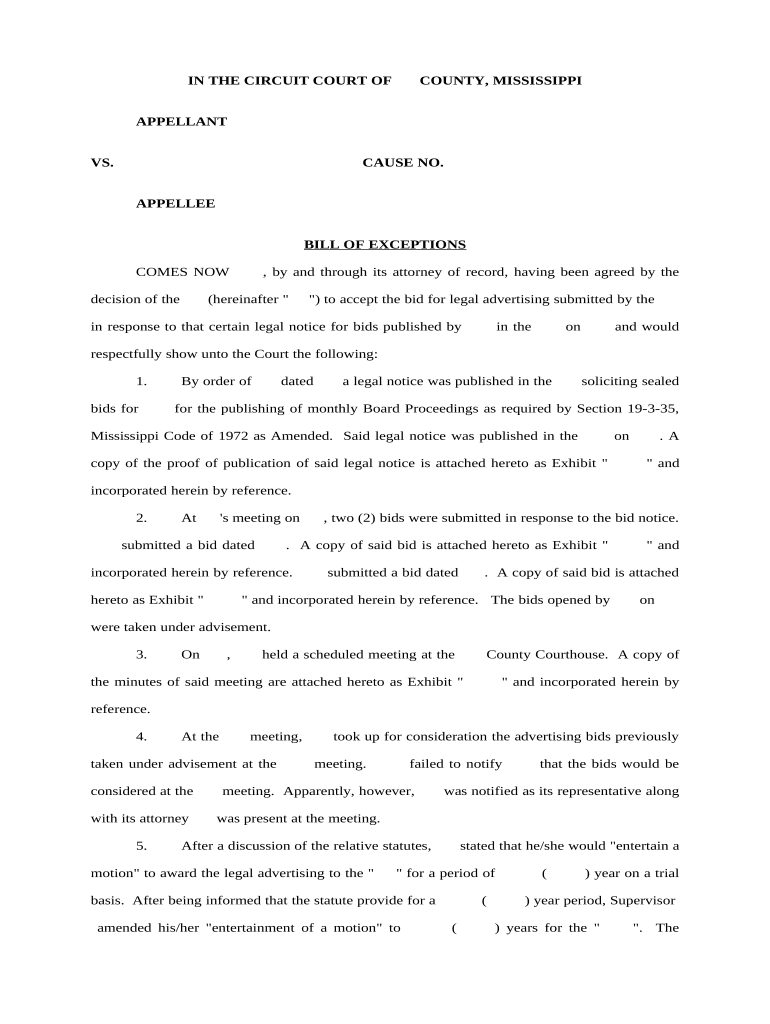 Bill of Exceptions Regarding Bid Award Mississippi  Form