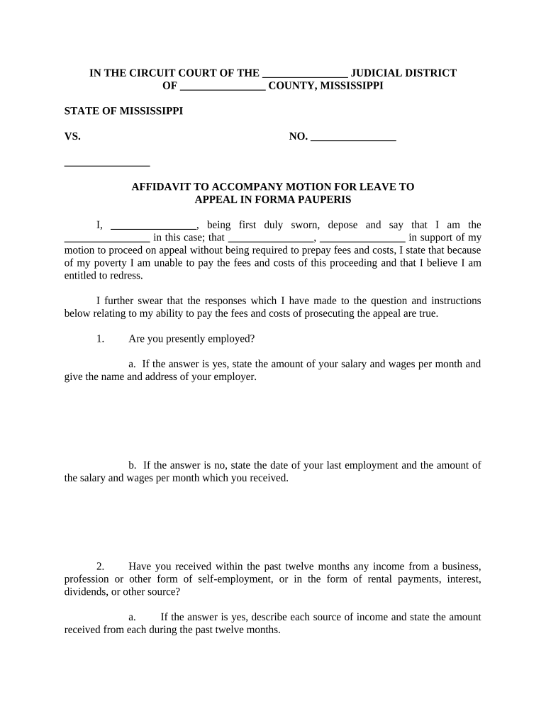 Affidavit to Accompany Motion for Leave to Appeal in Forma Pauperis Mississippi