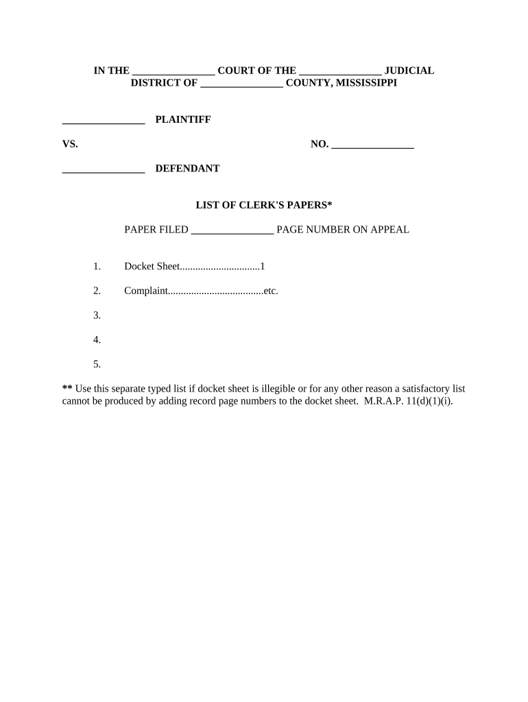 List of Clerk's Papers Mississippi  Form