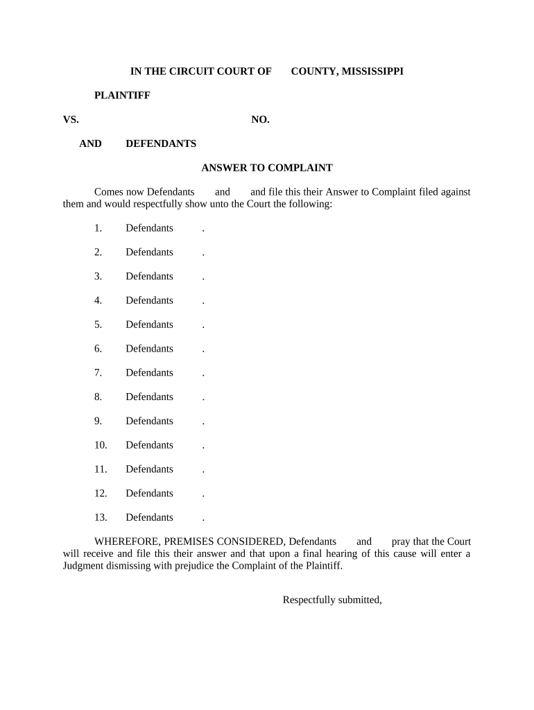 A02 Answer to Complaint Mississippi  Form