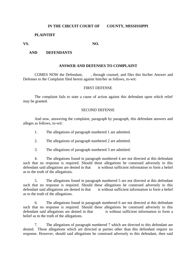 A03 Answer and Defenses Mississippi  Form