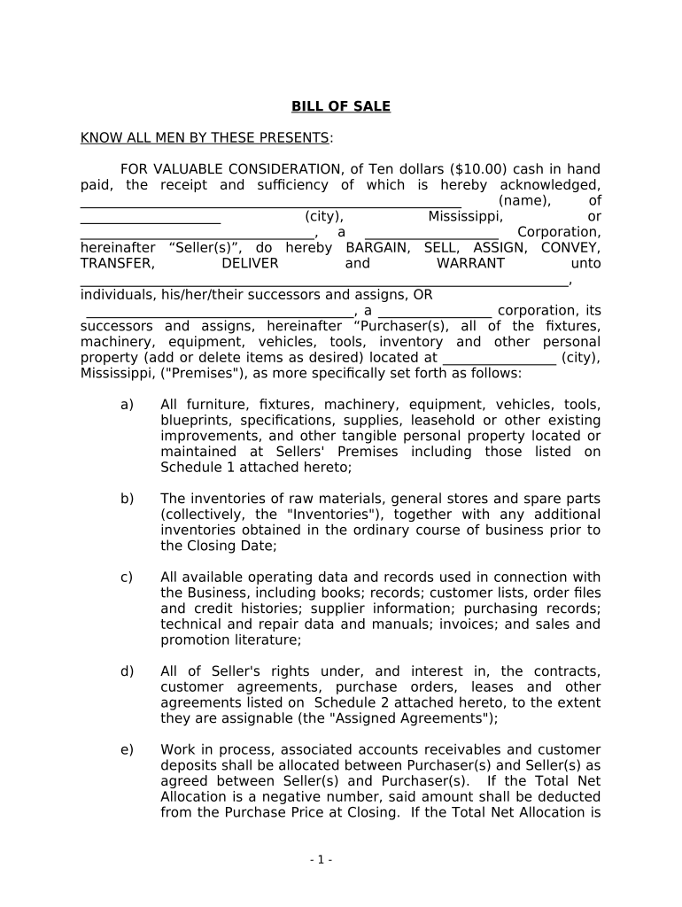 Bill of Sale in Connection with Sale of Business by Individual or Corporate Seller Mississippi  Form