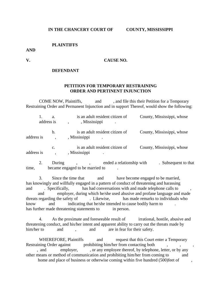 Temporary Order Injunction  Form