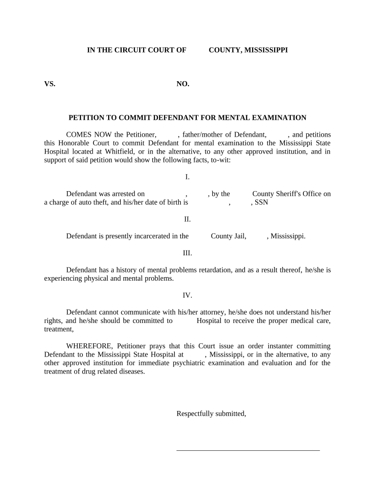 Petition to Commit Defendant for Mental Exam Mississippi  Form