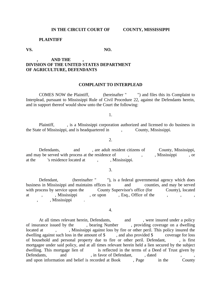 Complaint to Interplead Mississippi  Form