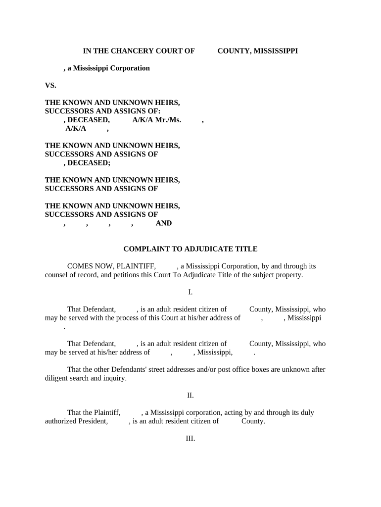 Complaint to Adjudicate Title Mississippi  Form