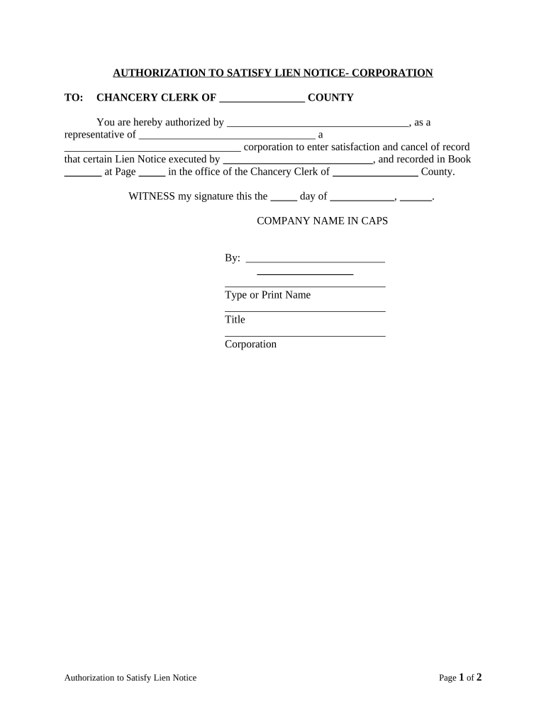 Authorization to Satisfy Lien Notice Corporation or LLC Mississippi  Form