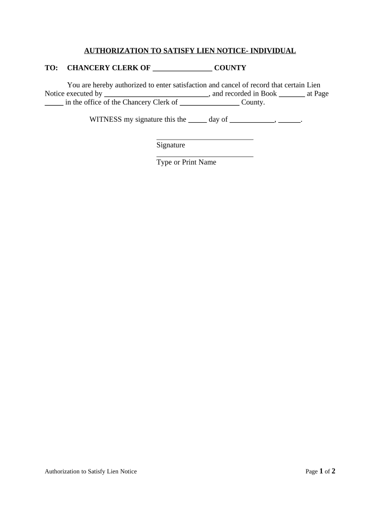 Authorization to Satisfy Lien Notice Individual Mississippi  Form