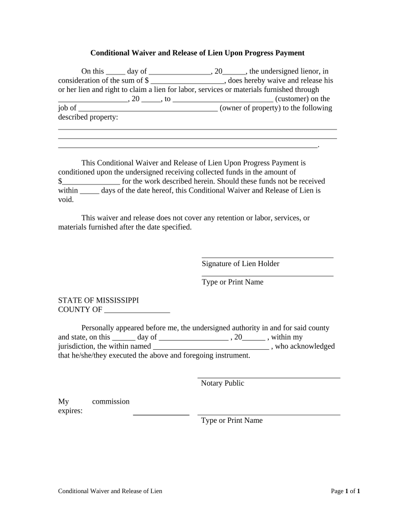 On This Day of , 20, the Undersigned Lienor, in Consideration of the Sum of $ , Does Hereby Waive and Release His or Her Lien an  Form