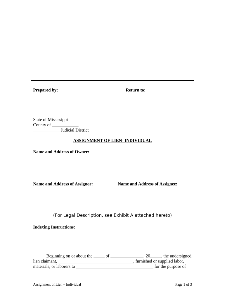 Assignment of Lien Individual Mississippi  Form