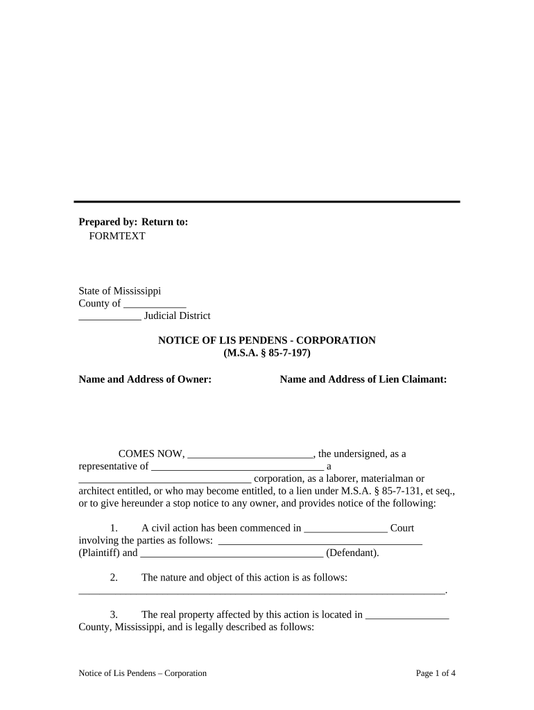 Notice of Lis Pendens Corporation or LLC Mississippi  Form