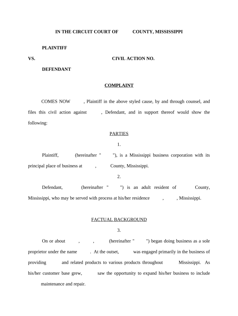 Complaint Corporate Plaintiff Mississippi  Form