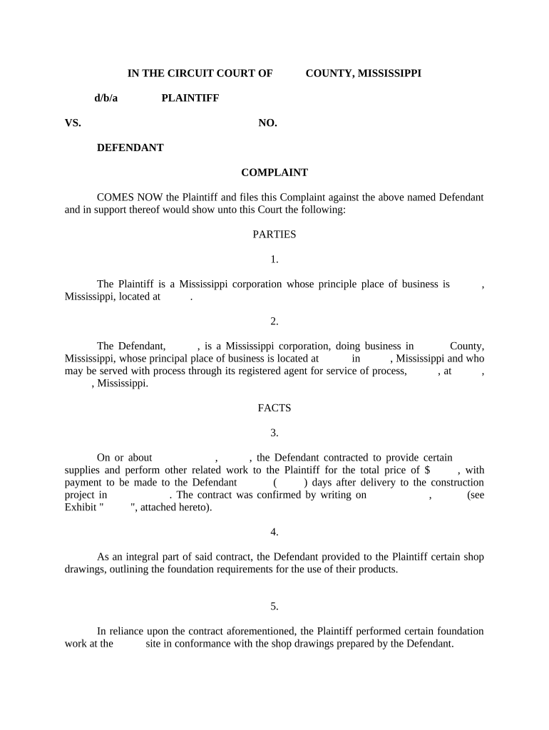 Breach of Contract to Provide Steel and Work Mississippi  Form