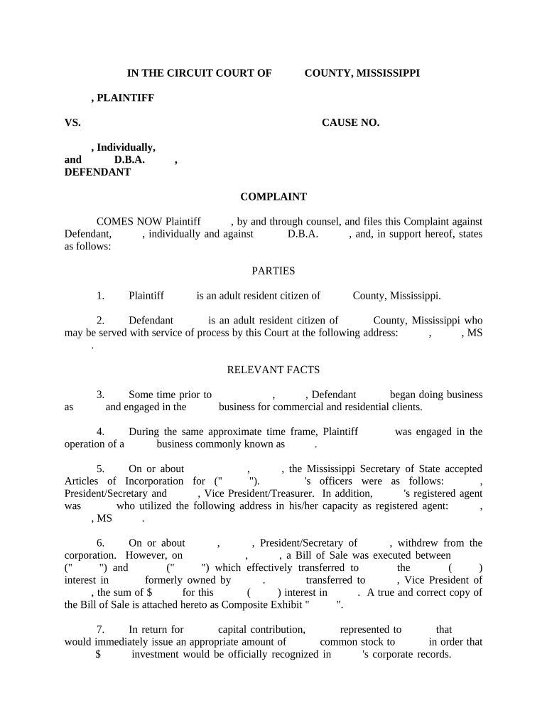 Complaint Mississippi  Form