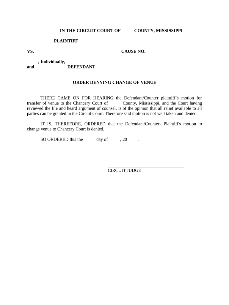 Order Denying Change of Venue Mississippi  Form