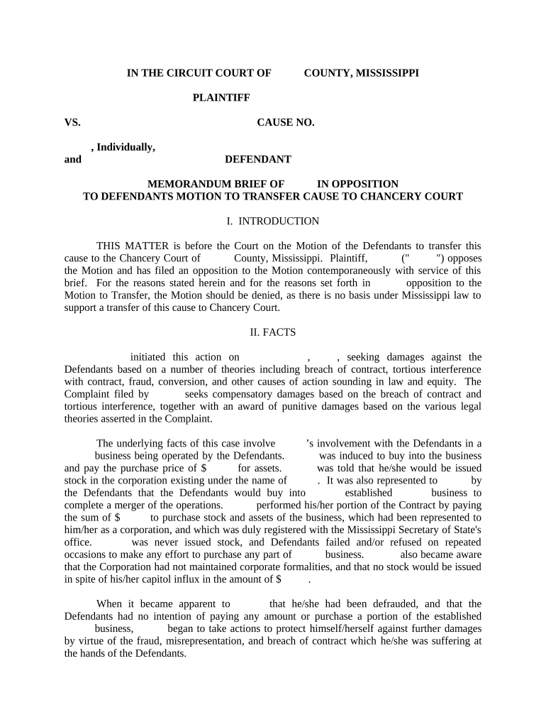 Memorandum Brief in Opposition to Motion to Transfer Cause to Chancery Court Mississippi  Form