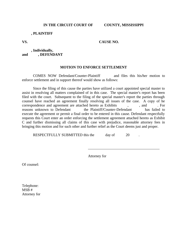 Motion to Enforce Settlement Mississippi  Form