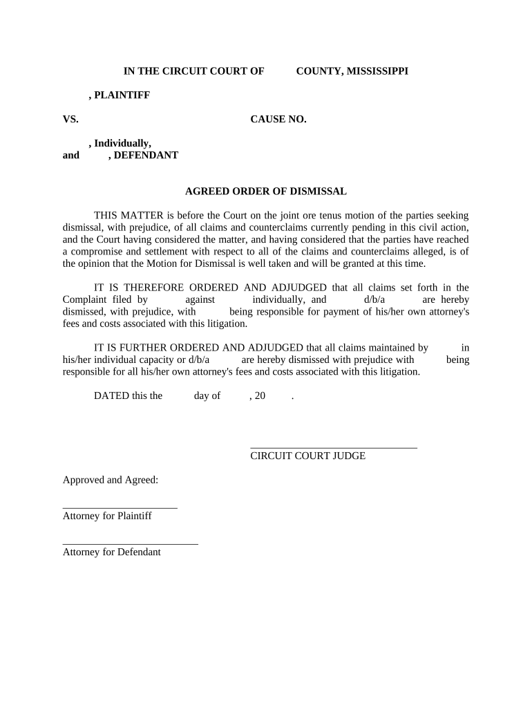 Agreed Order of Dismissal Mississippi  Form