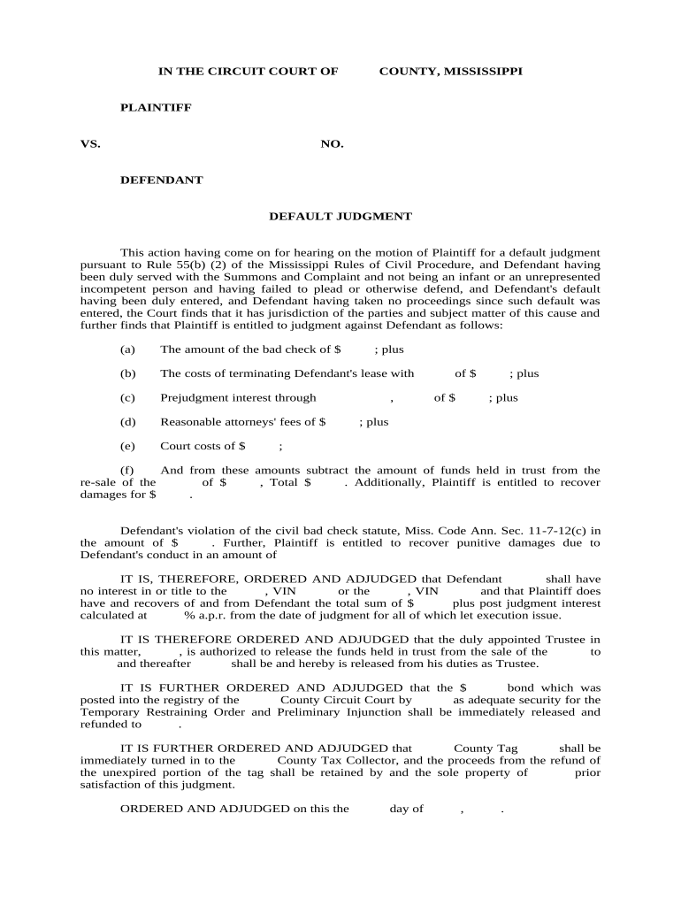 Mississippi Default Judgment  Form