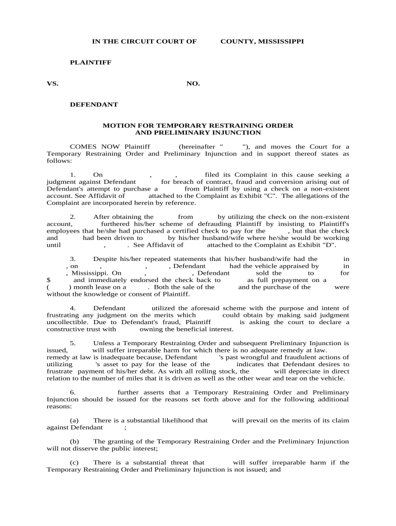 Mississippi Restraining Order Form