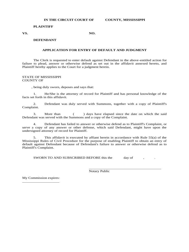 Application for Entry of Default Judgment Mississippi  Form