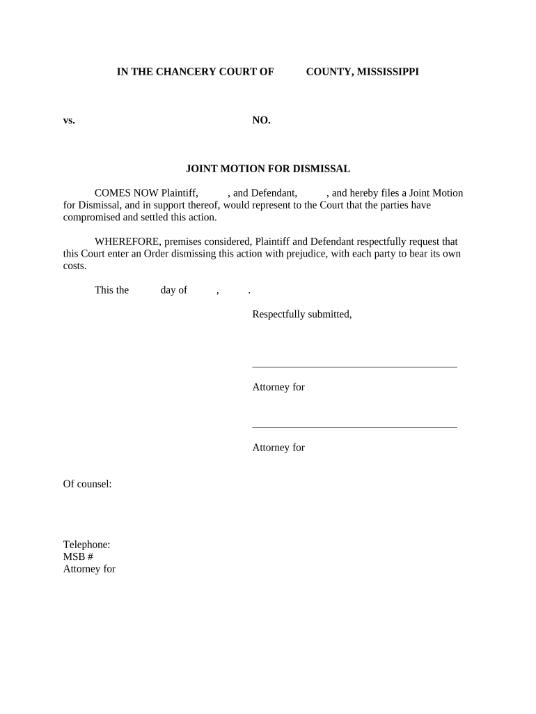 Joint Motion for Dismissal Mississippi  Form