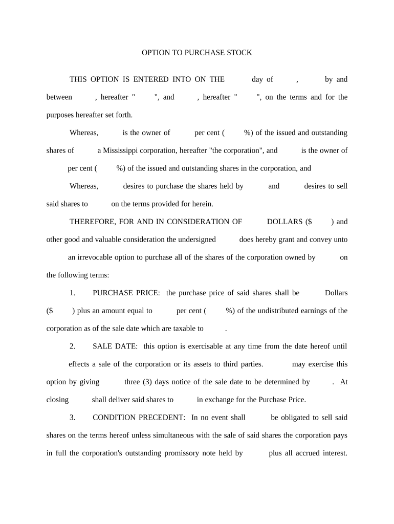 Option to Purchase Stock Short Mississippi  Form