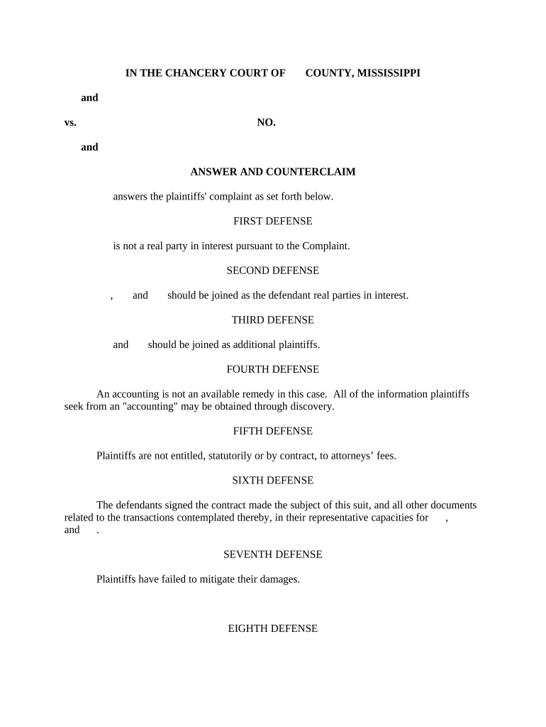 Answer and Counterclaim Mississippi  Form