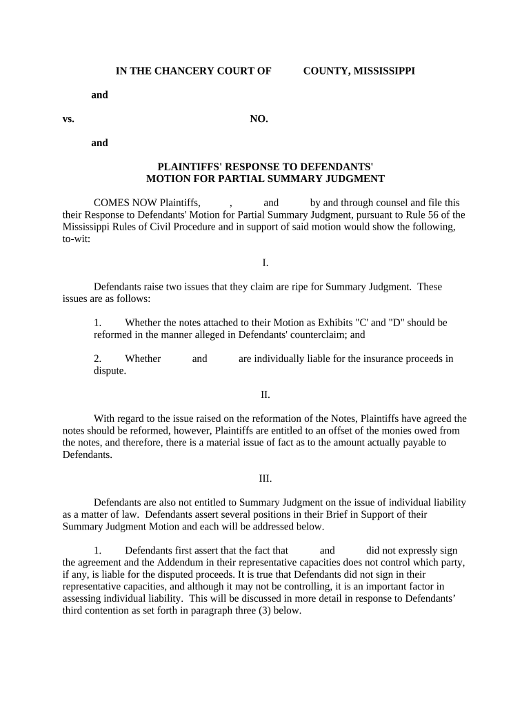 Plaintiff's Response to Defendant's Motion for Partial Summary Judgment Mississippi  Form