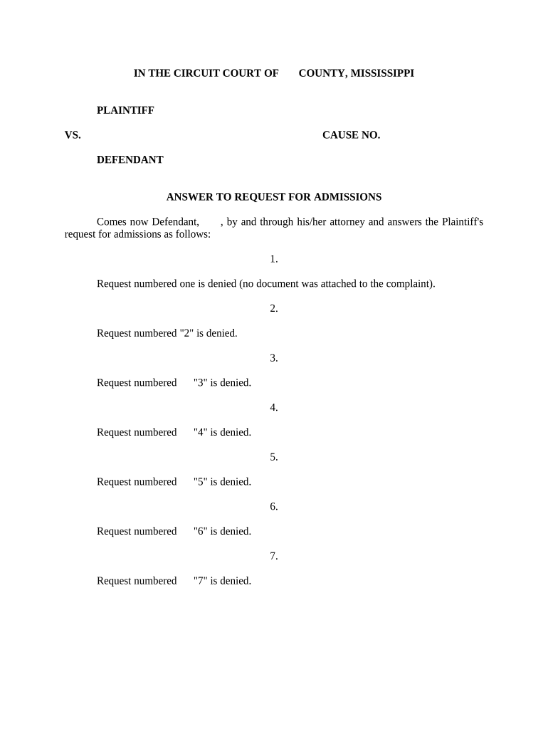 Answer to Request for Admissions Mississippi  Form